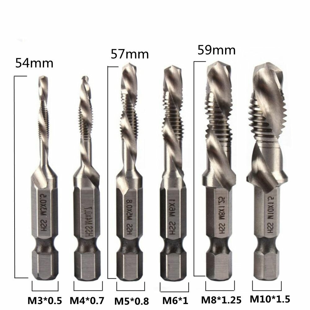 6Pcs 1/4 Inch M3-M10 Screw Tap HSS Combination Drill Tap Bit Set Hex Shank Deburr Countersink Bits