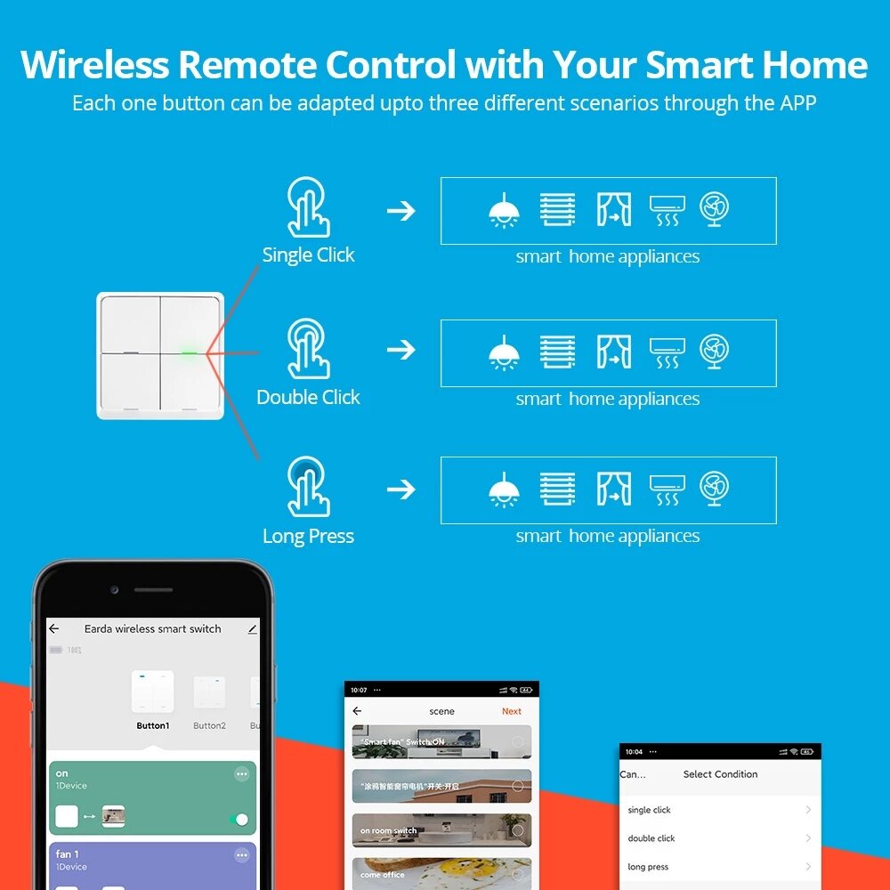 Wireless Switch Sticker Battery Power SmartThings Control ZB 2MQTT deCONZ 4 Gang