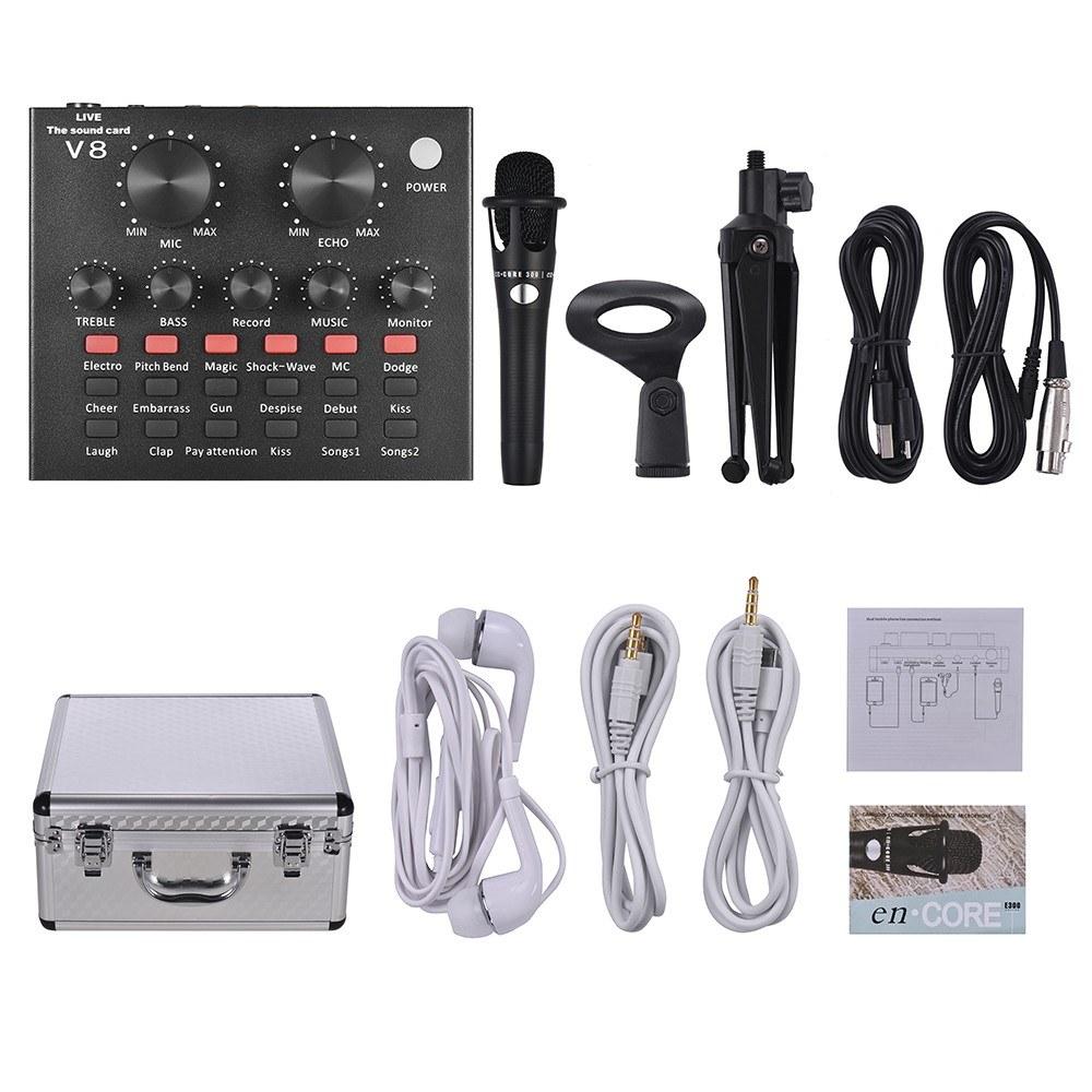 USB Sound Card Microphone with Tripod Audio Cable Earphone for Broadcast Live Streaming Tik Tok YY Karaoke Singing
