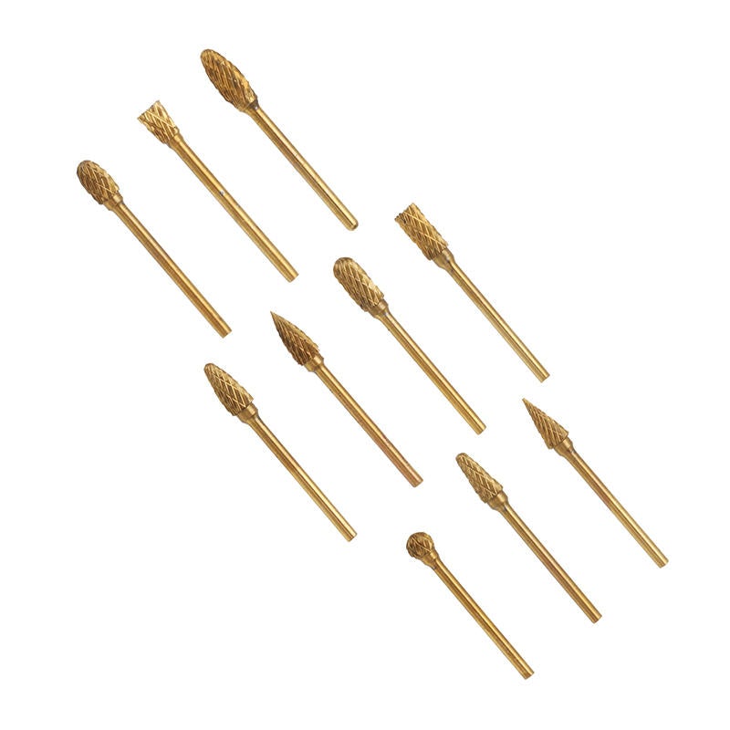 10Pcs Titanium Coated Tungsten Carbide Burr Rotary Drill Bits 1/8 Inch Shank Cutter Files