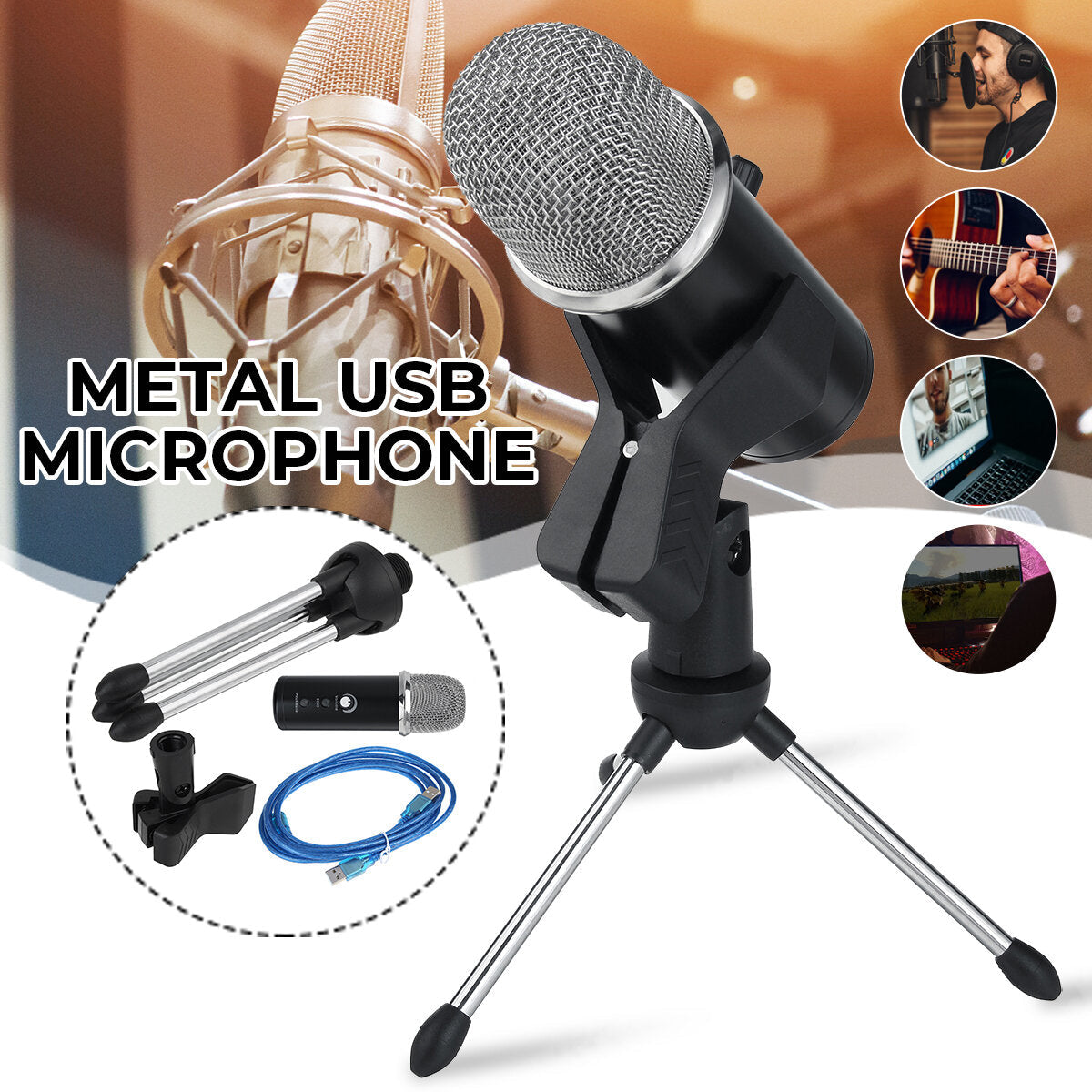 USB Condenser Professional Microphone with Stand for Computer Recording PC Live