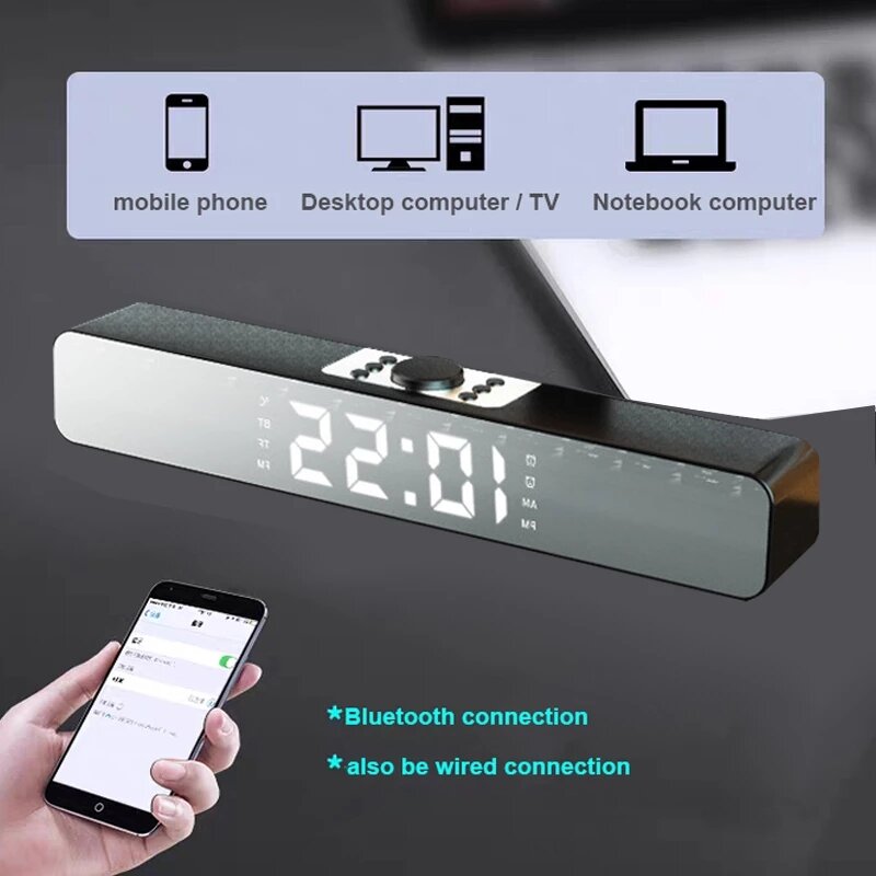 Alarm Clock Bluetooth Speaker With LED Digital Display Wired Wireless Home Theater Surround Sound Bar