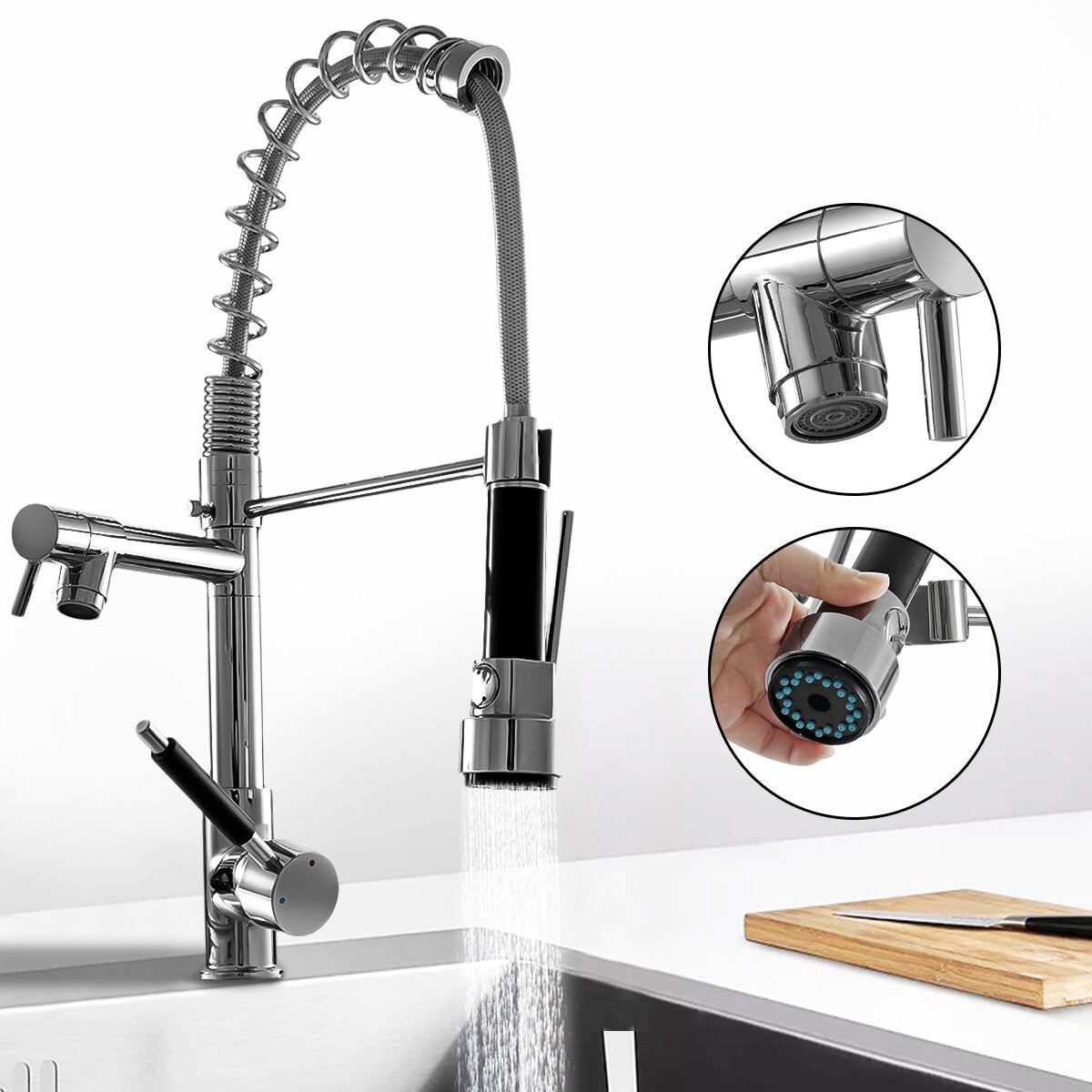 Kitchen Sink Mixer Faucet Pull Out Sparyer Tap 360 Degree Rotation Single Handle Chrome Brass Brushed Collapsible