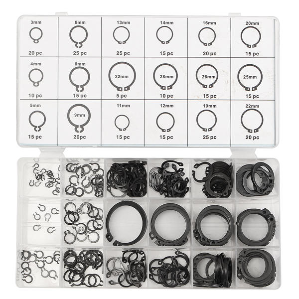 300Pcs 3-32mm Assorted External Circlip Snap Ring C-Clip Repairs Parts Case Box