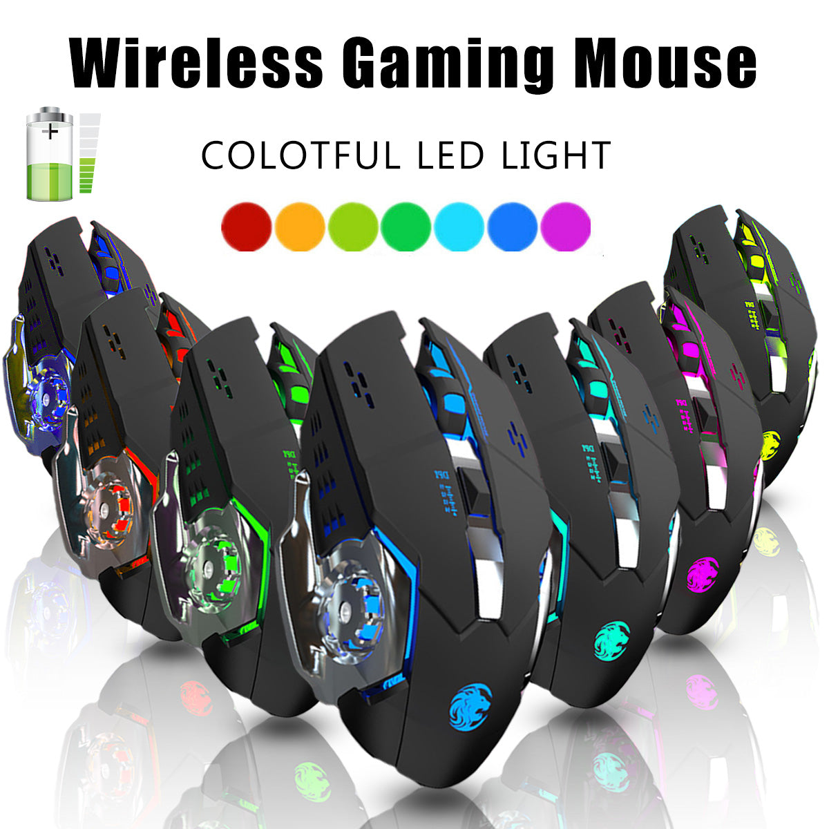 2.4 GHz Wireless Mouse 1600DPI Rechargeable Breathing LED Light Optical Mice with USB Receiver for PC Laptop Desktop