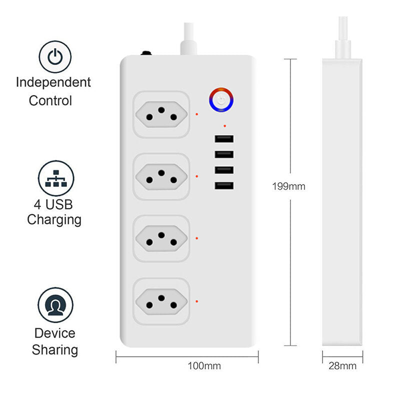 Smart Power Strip Brazil Plug Smart Power Bar Multiple Outlet Extension Cord with 4 * USB/4 * AC Plugs Compatible with Alexa Google Home
