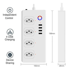 Smart Power Strip Brazil Plug Smart Power Bar Multiple Outlet Extension Cord with 4 * USB/4 * AC Plugs Compatible with Alexa Google Home