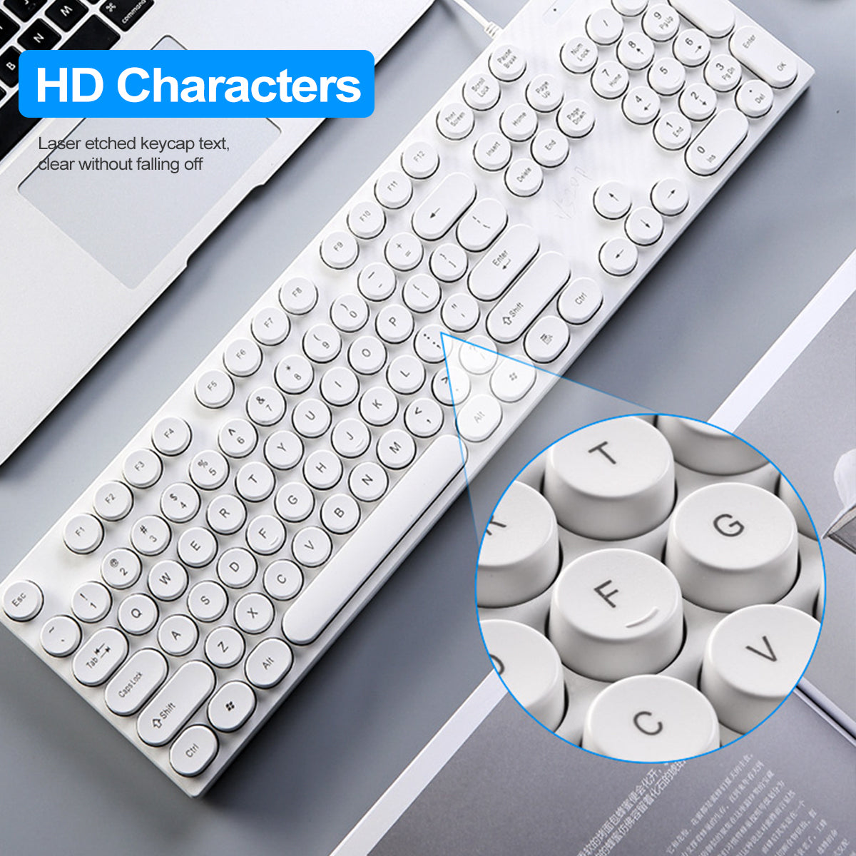 104 Keys Computer Keyboard USB Wired Punk Round Keycaps Mechanical Feeling Gaming Keyboard