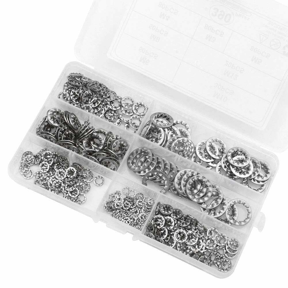 390Pcs 304 Stainless Steel Internal Tooth Lock Washers Anti-loosening Washer M3-M12 Assortment Kit