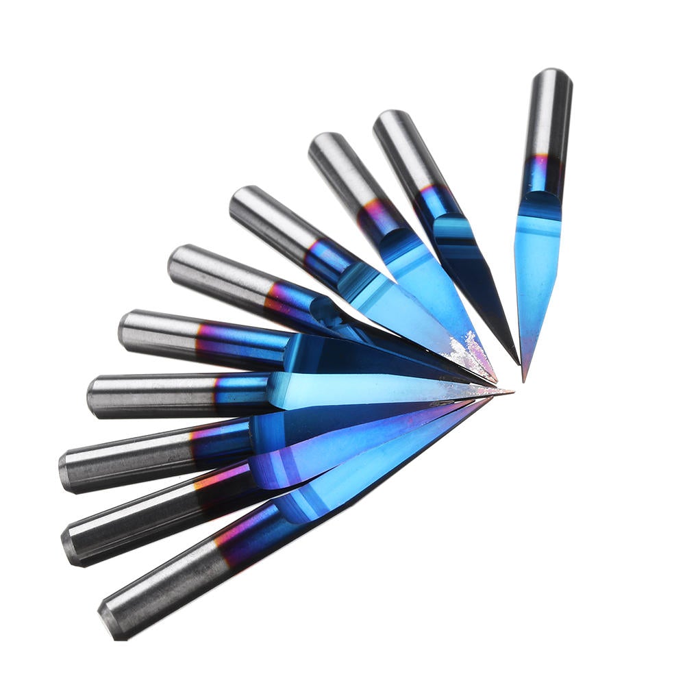 10pcs 0.1/0.2/0.3mm 15 Degree Blue Nano Coated Carbide Engraving Bit Flat Bottom PCB Engraving Bit CNC Router Tool