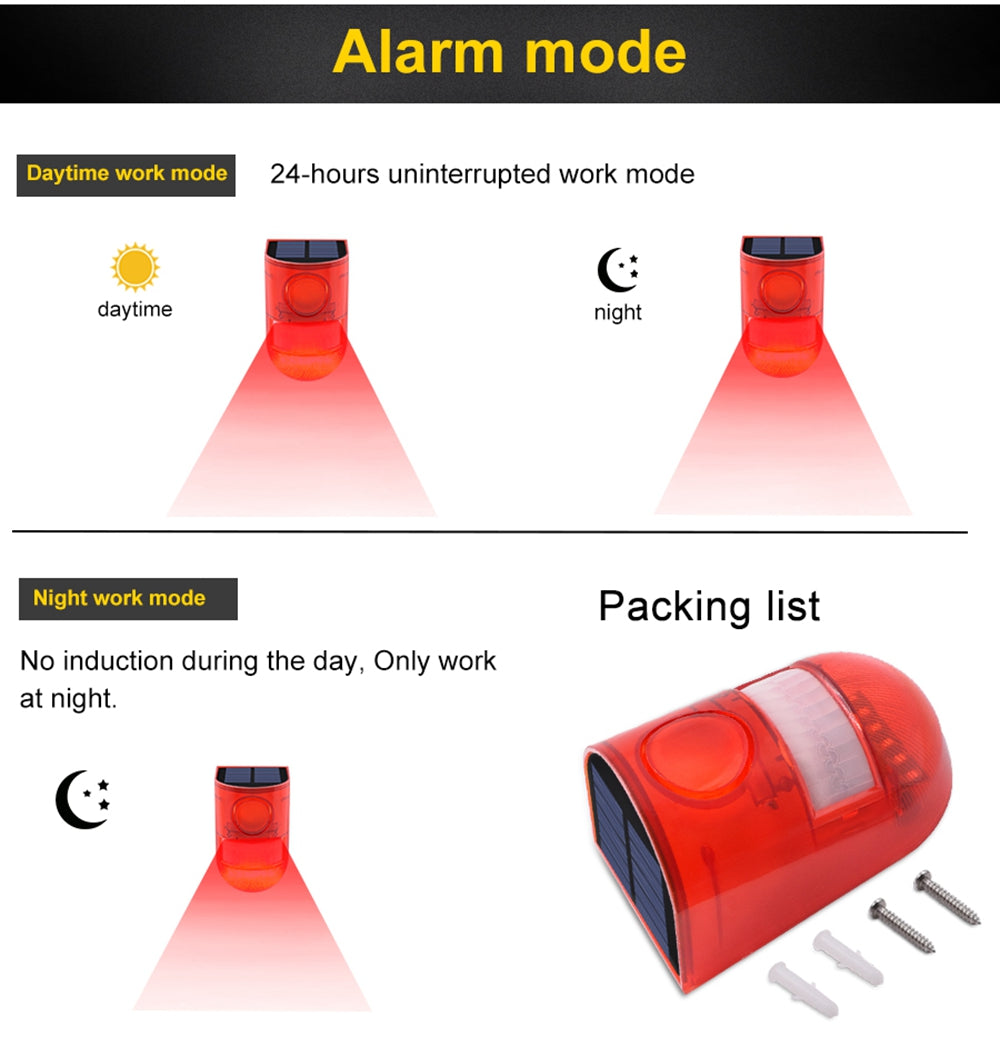 6 LED Solar Alarm Red Lamp Motion Sensor Warning Sound Light Waterproof for Garden Factory Warehouses