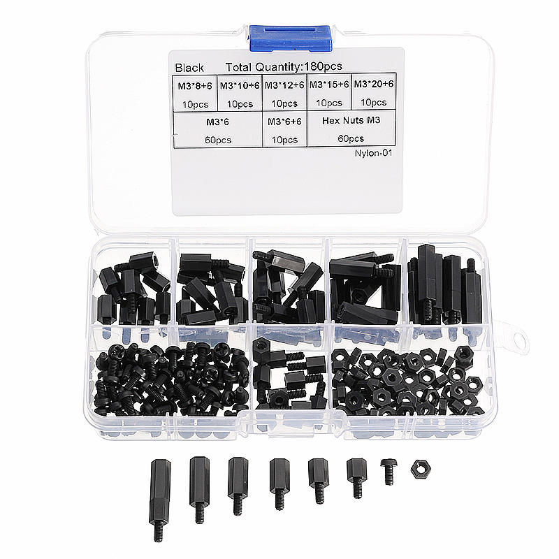 M3NH11 M3 Nylon Screw Black White Hex Screw Nut PCB Standoff Assortment Kit 180Pcs