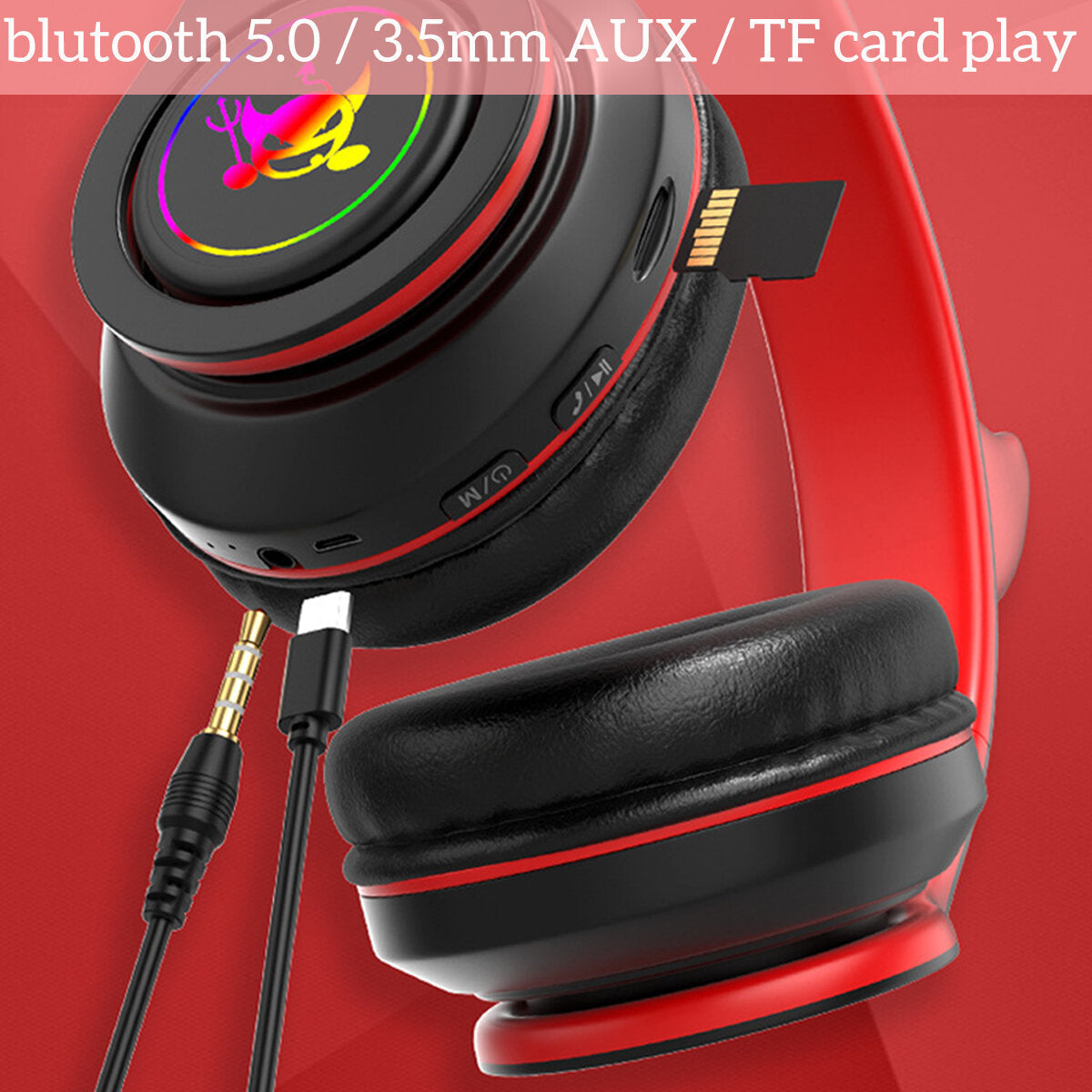 Cat Ear Wireless Gaming Headset Bluetooth 5.0 Headphones LED Light Support TF Card Play