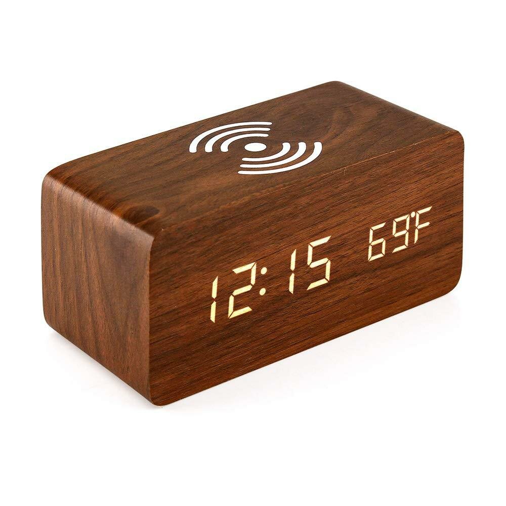 LED Digital Alarm Clock Creative Multi-functional Wireless Charging Wooden Snooze Clock