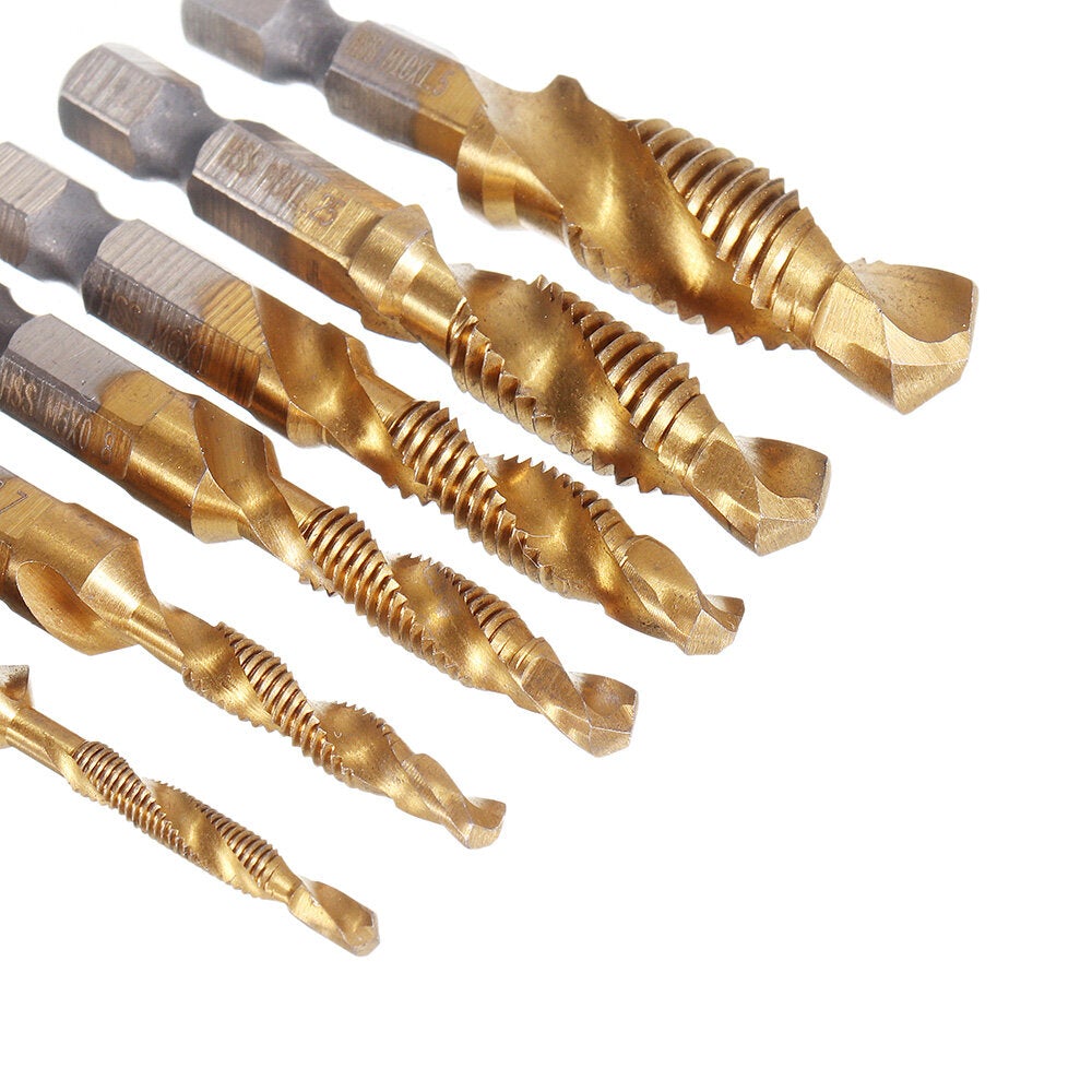7Pcs Drill Bit Set 6Pcs M3-M10 Combination Tap HSS 6542 Titanium Coated Deburr Countersink Bits with 1Pcs Automatic Center Punch