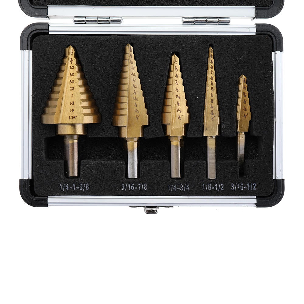 5Pcs Titanium Plating 1/8-1-3/8 Inch Step Drill Bit Set Hole Puncher for Metal Wood Steel