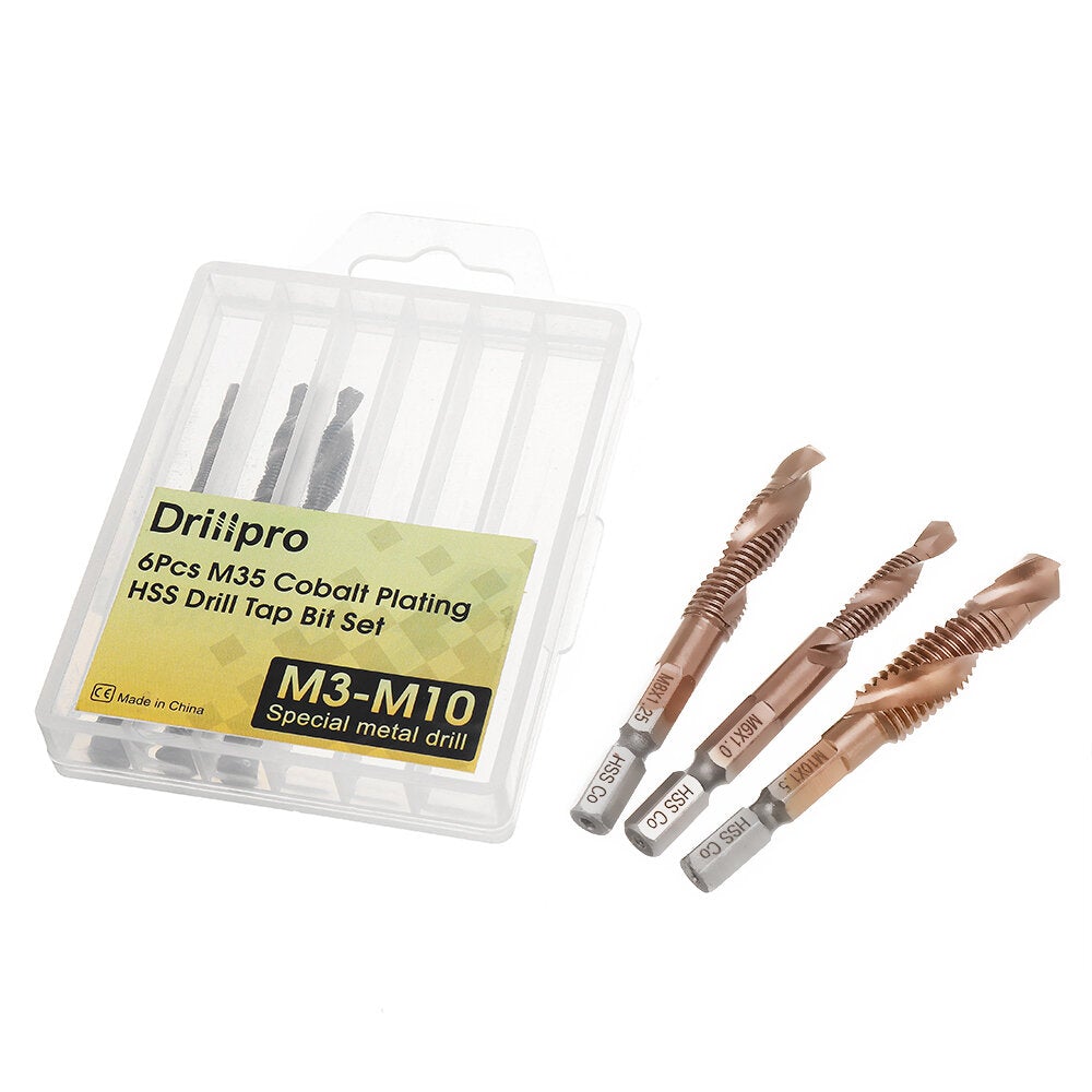6Pcs M3-M10 M35 Cobalt Plating HSS Hex Shank Spiral Groove Drill Tap Bit Set Co-HSS Metal Threaded Hole Opener