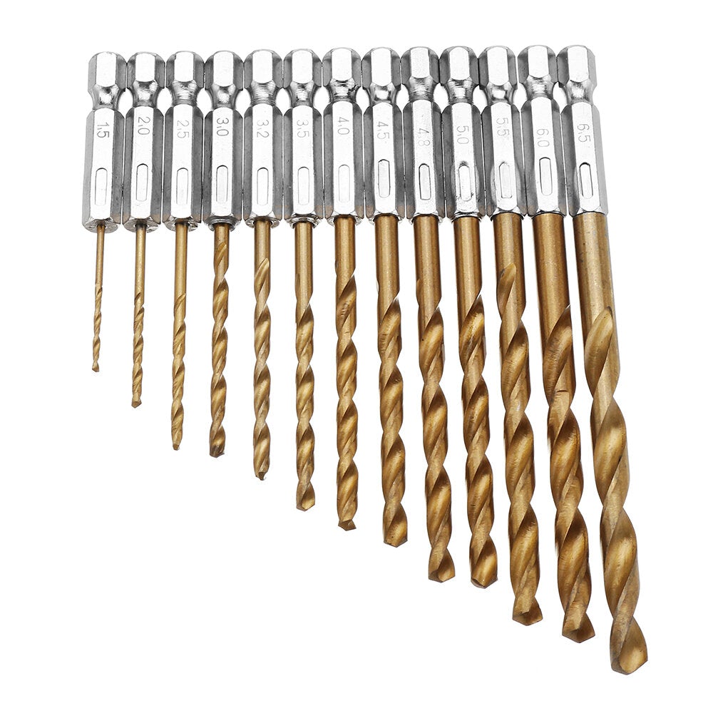 13pcs 1.5-6.5mm HSS Titanium Coated 1/4 Inch Hex Shank Twist Drill Bit Set