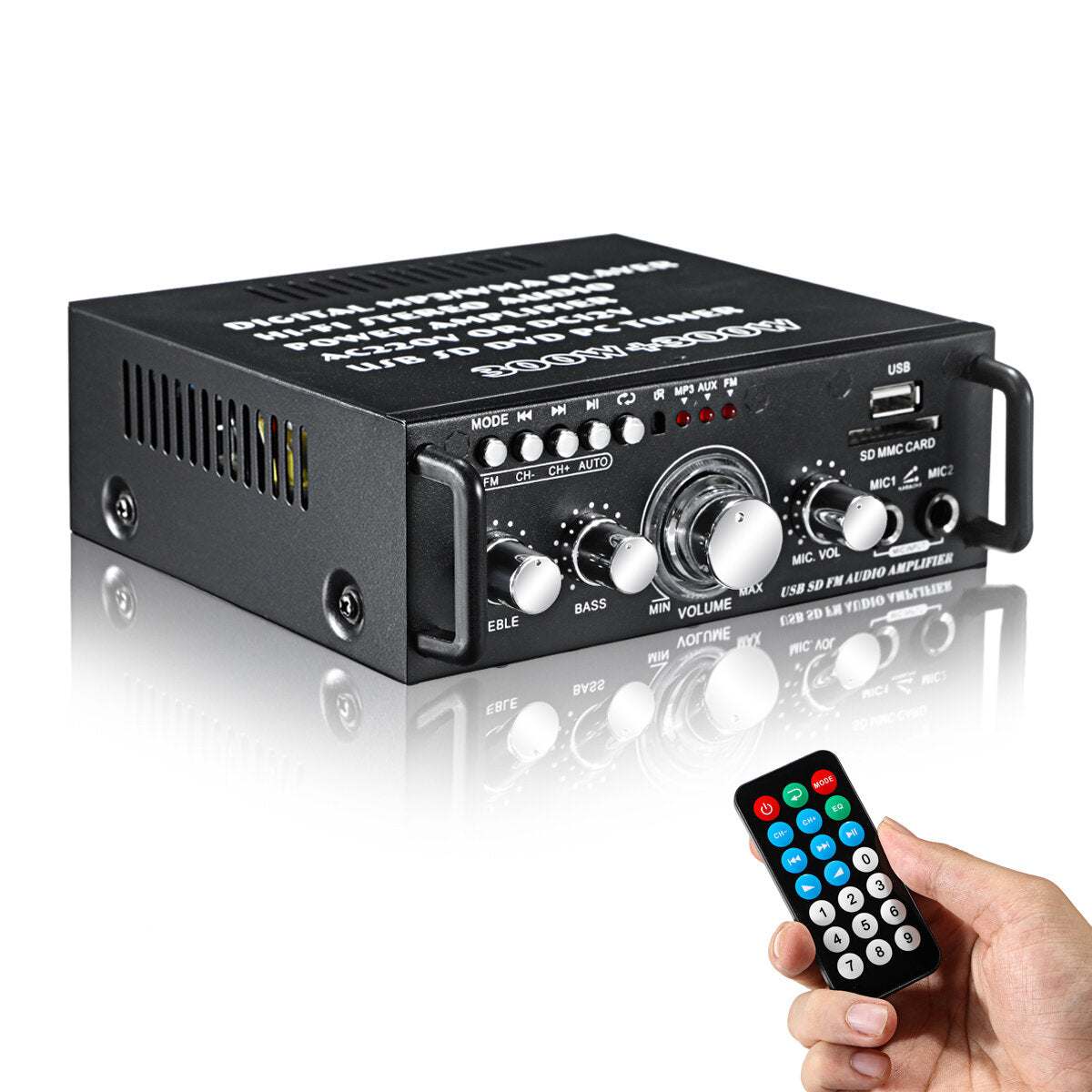 2x300W 110-220V Bluetooth Audio Power Amplifier EQ Stereo AMP Car Home 2CH AUX USB FM SD Hi-Fi Digital Radio