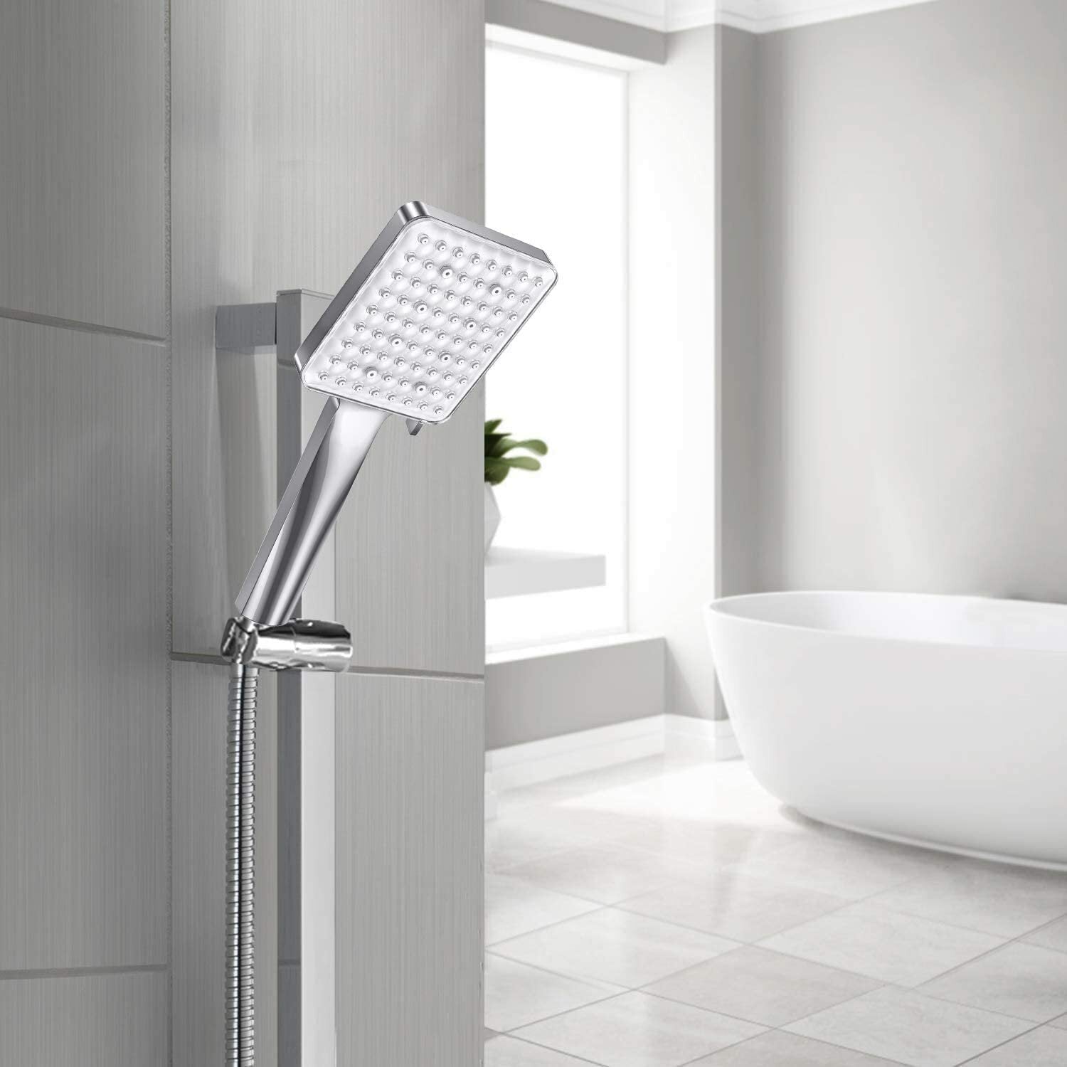 Square Shower Head With 1.5 m Stainless Steel Hose Hand 6 Jet Types Large Water-Saving High Pressure Chrome Universal For Bathing And Spa