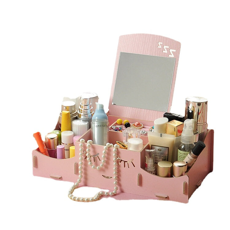 Creative Diy Wooden Cosmetic Storage Box Desktop Storage Container With Mirror Desktop Organizer
