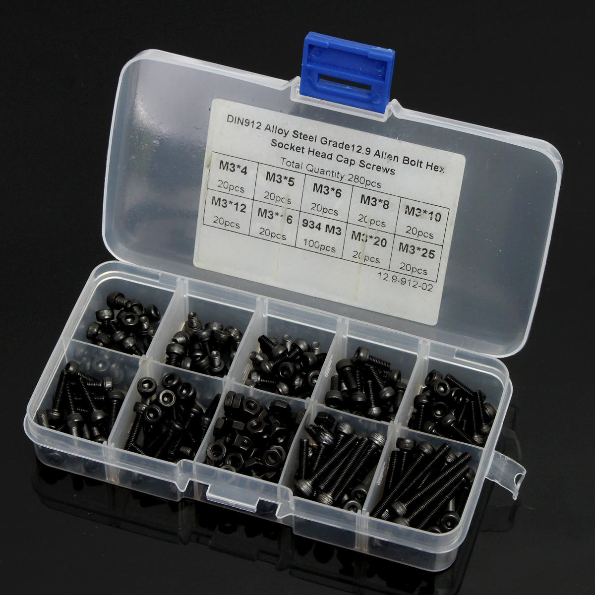 280pcs M3 Hex Socket Screws Allen Bolt Assortment with Nuts Grade 12.9 Alloy Steel