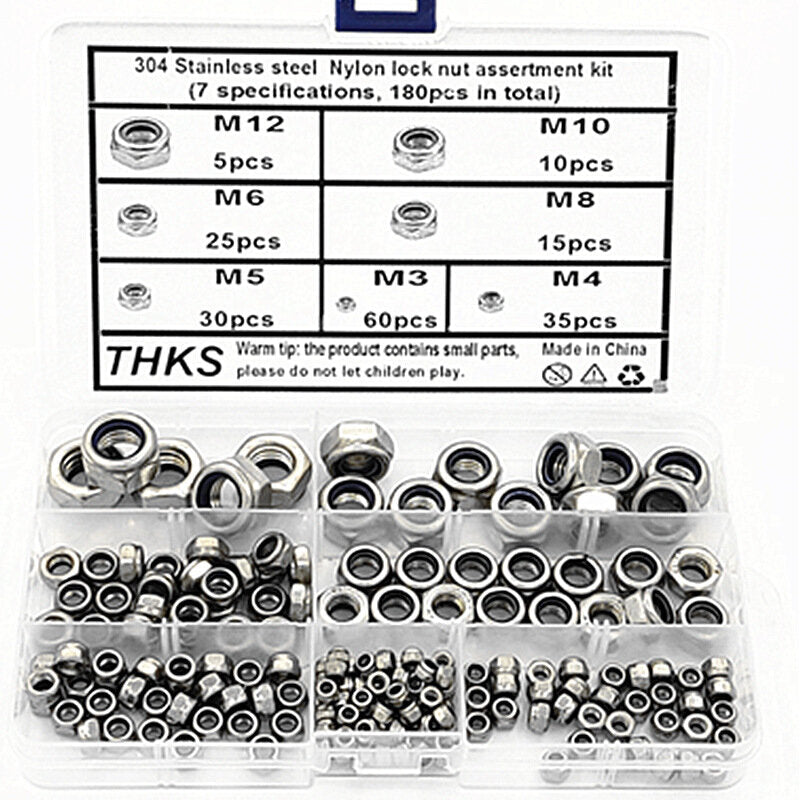 180Pcs Stainless Steel Metric Hex Nuts Self-locking Nylon Insert Lock Nuts Assortment Kit M3-M12