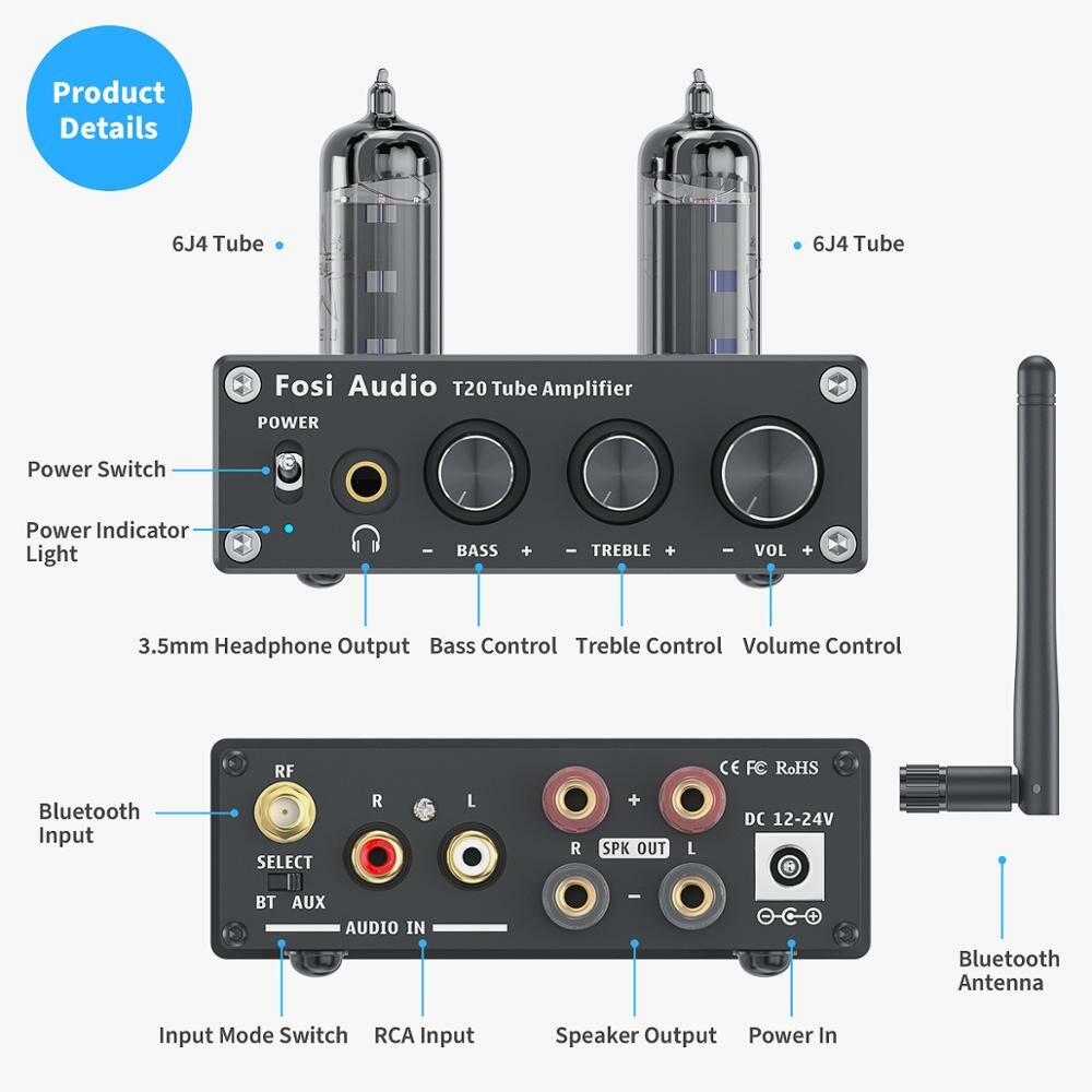 Bluetooth Tube Amplifier Stereo Receiver 2 Channel Class D Digital Mini Hi-Fi Power Amp Preamp Compact Integrated Headphone for Home Passive Speakers