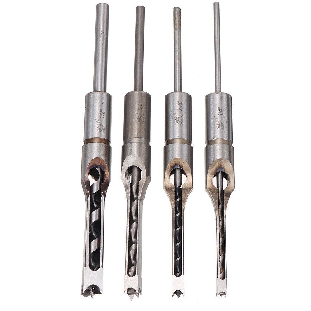 4pcs Square Hole Drill Bits Auger Mortising Chisel Set Kit 1/4 to 1/2 Inch Tool Set