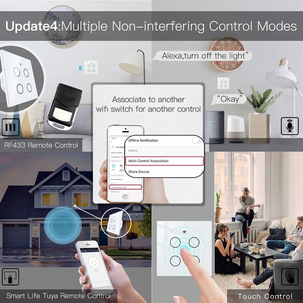 WiFi Smart 4 Gang Glass Panel Switch Smart Life/Tuya App Multi-Control Voice Control Works with Alexa Google