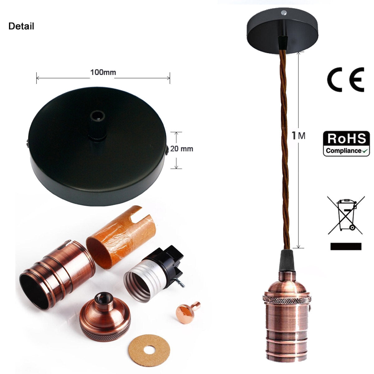 Vintage Ceiling Rose Braided Pendant Fabric Flex Lamp Holder Fitting Light Kit