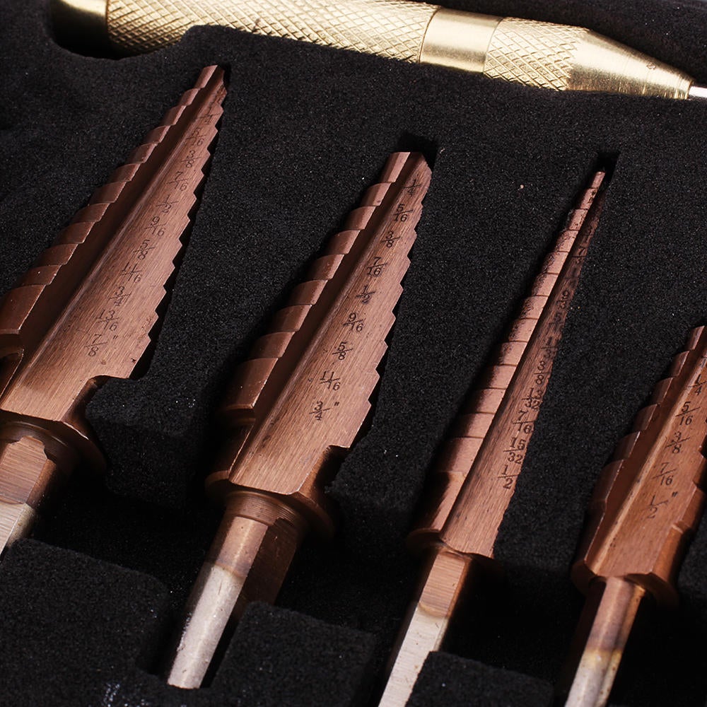 6Pcs HSS Bronze Coated Step Drill Bit With Center Punch Set Hole Cutter Drilling Tool