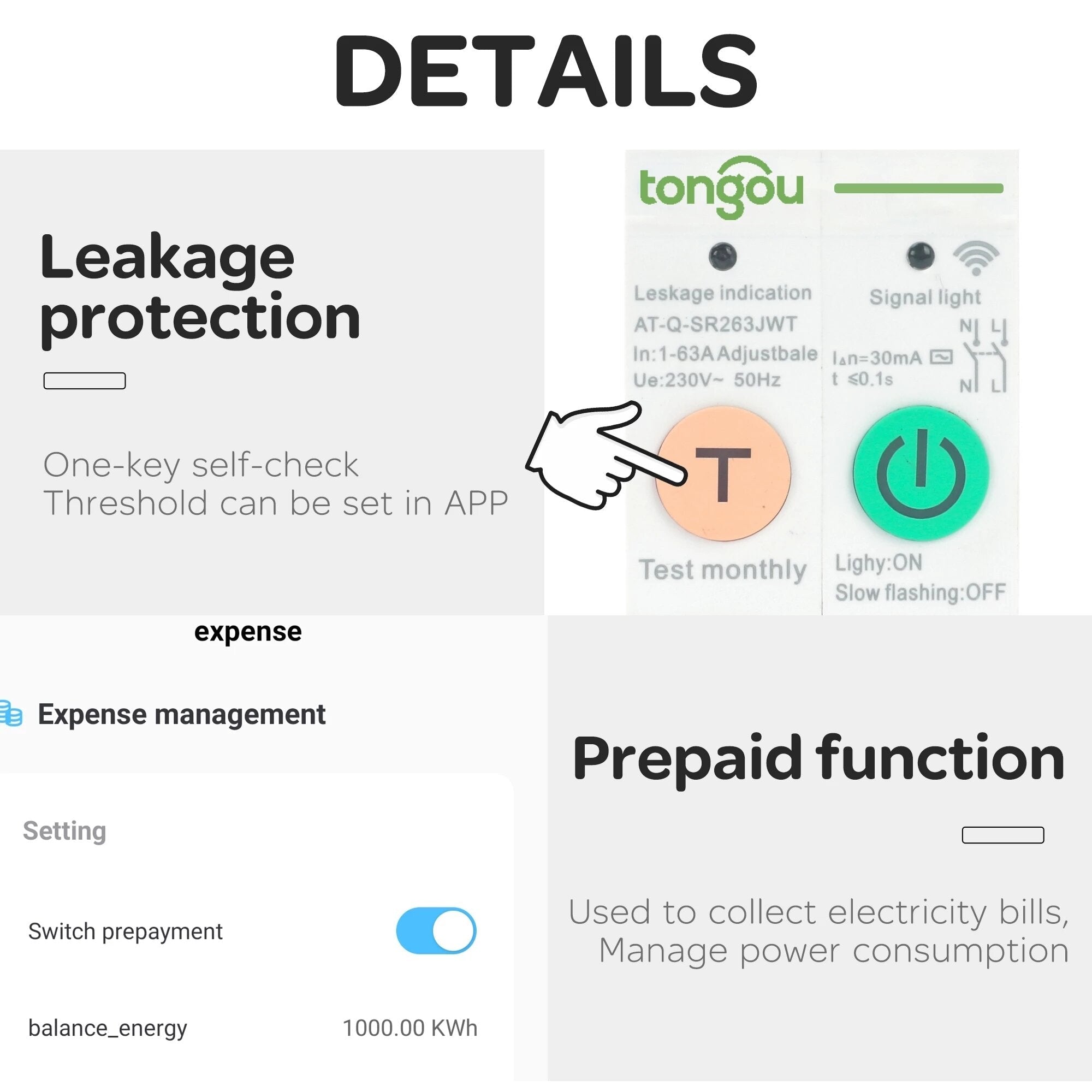 Single Phase WIFI Smart Energy 63A Meter Kwh Metering Monitoring Circuit Breaker Timer Relay with Leakage Protection