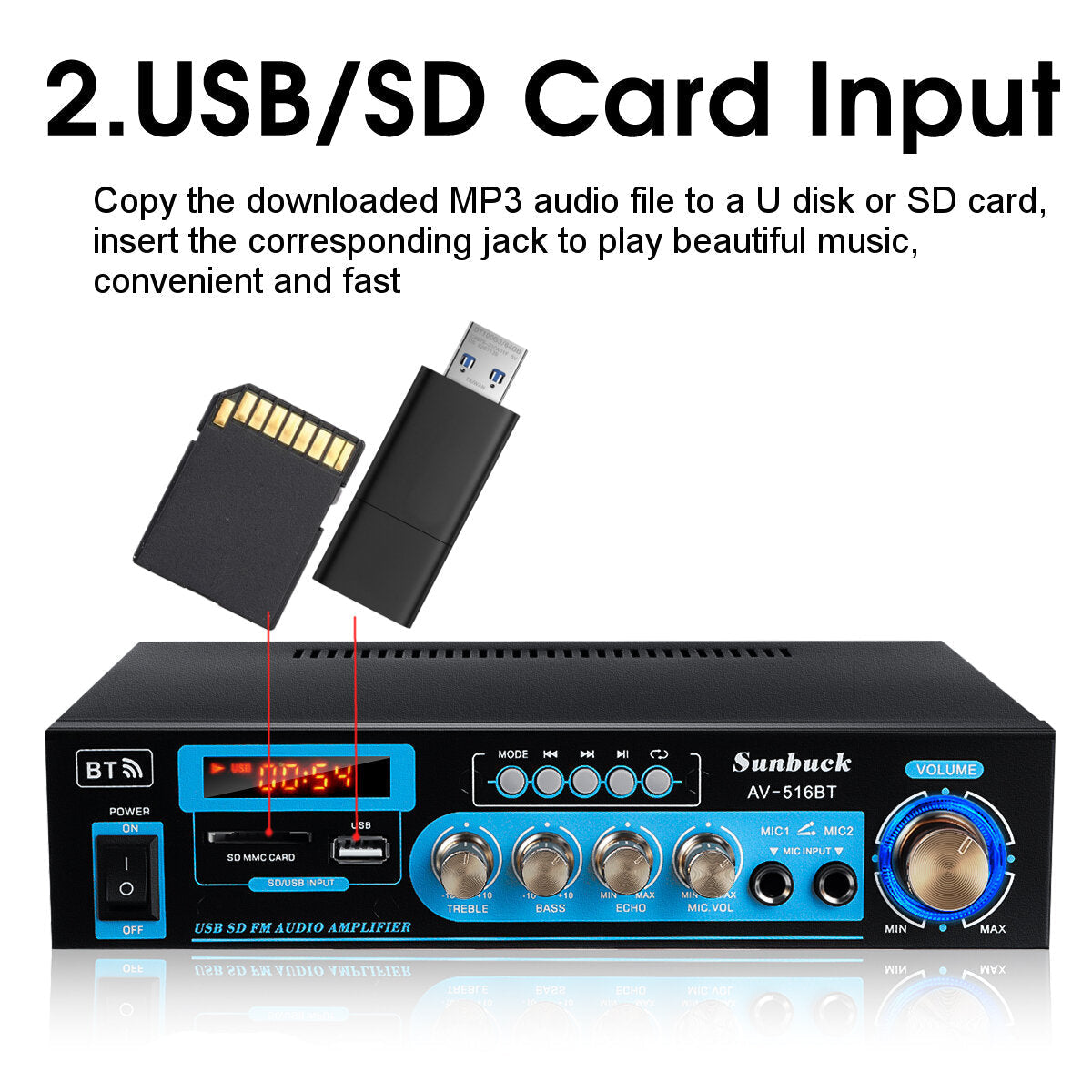 2000W Bluetooth 5.0 Power Amplifier Home Stereo 2 Channel Audio FM DVD AUX