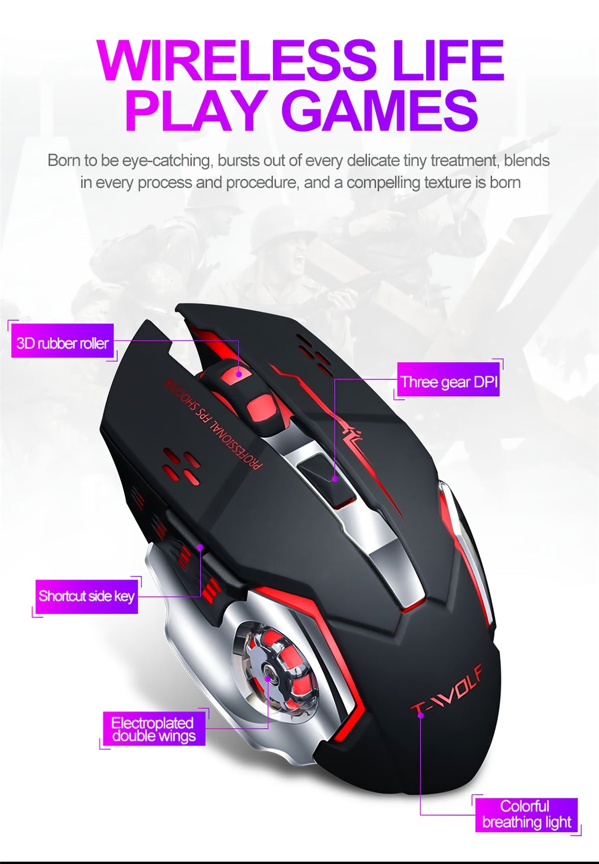 Wireless Rechargeable Mouse 2400DPI Bluetooth5.0+2.4G Dual Mode 4 Buttons Home Office Mouse with LED Backlit for Laptop PC Notebooks