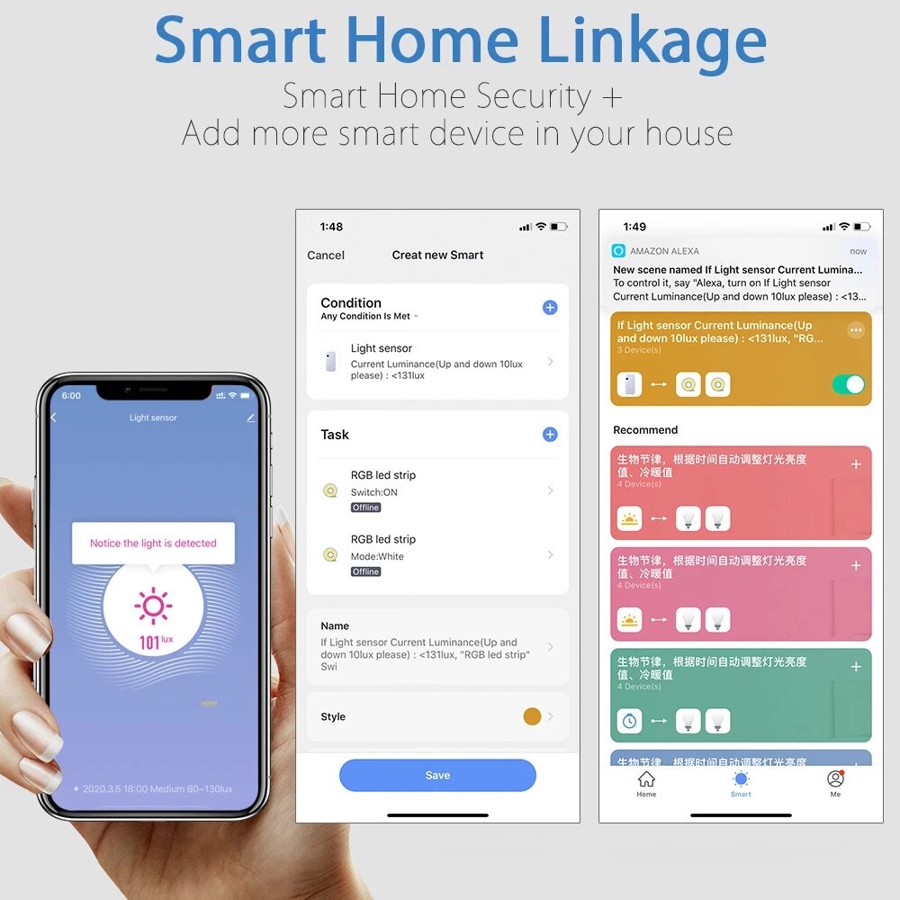 Smart Home WIFI Light Sensor 0~1000 Lux 180 Illuminance Smart Brightness Monitor Alarm