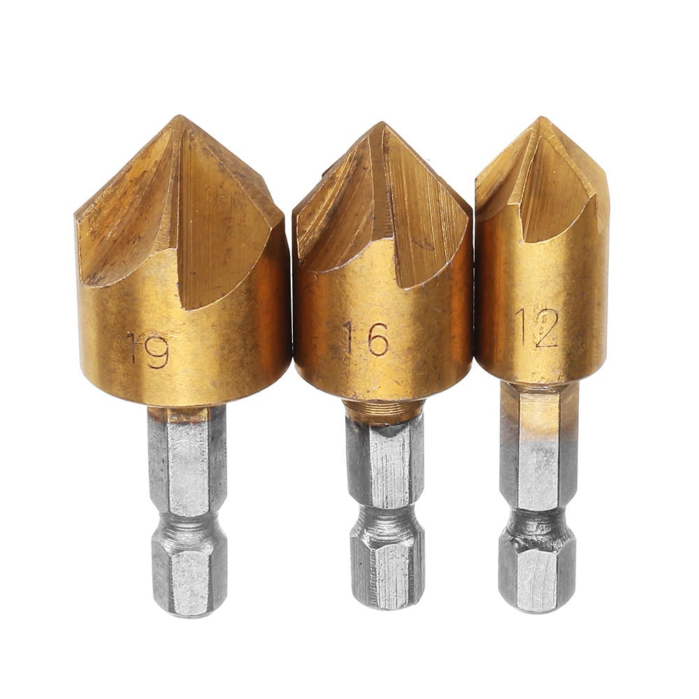 3pcs/Set 5 Flutes 90 Dgree Chamfer Cutter 1/4" Shank 12/16/19mm Countersink Drill Bit Kit