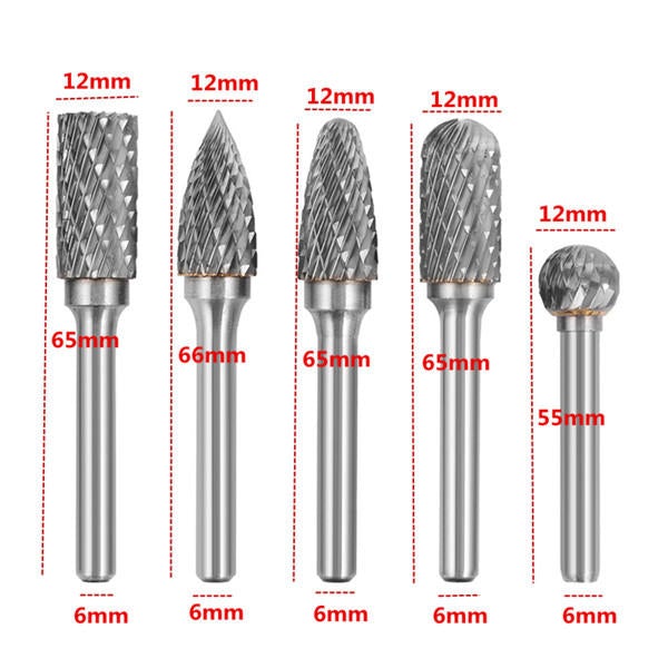 5pcs 6mm Shank Tungsten Carbide Burrs 12mm Head Rotary Cutter Engraving Bits Set