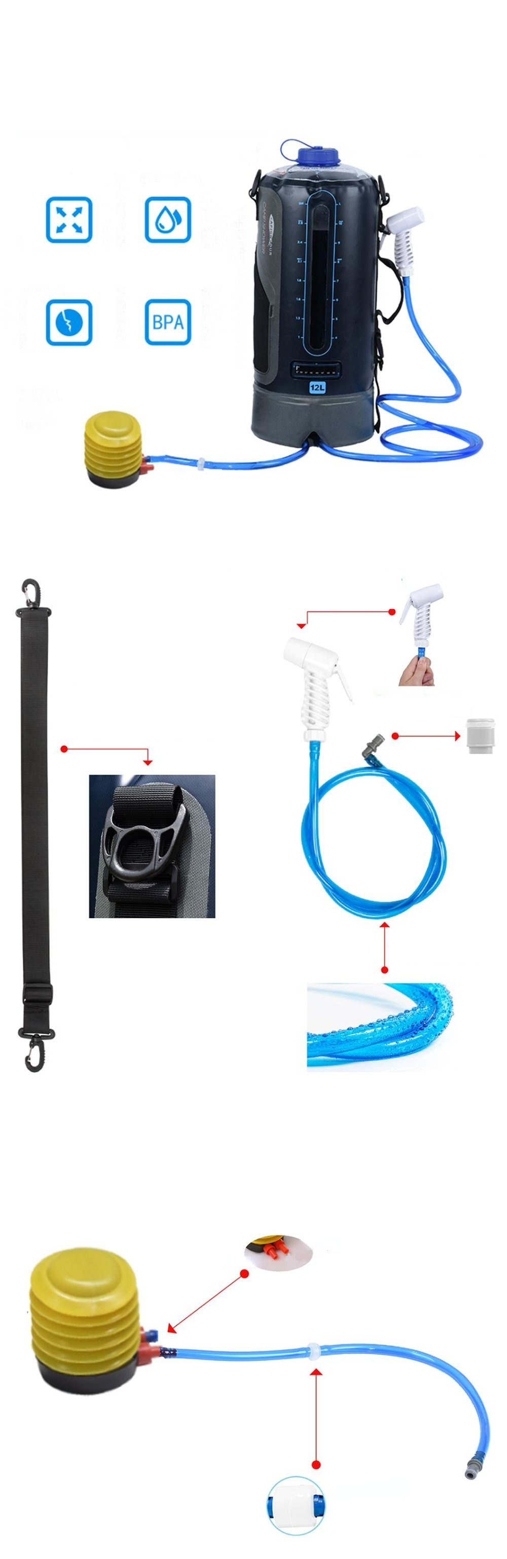 12L Camping Shower Bag Solar Heating Car Motorcycle Washer with Foot Pump Shower Nozzle for Travel Hiking Beach Swimming