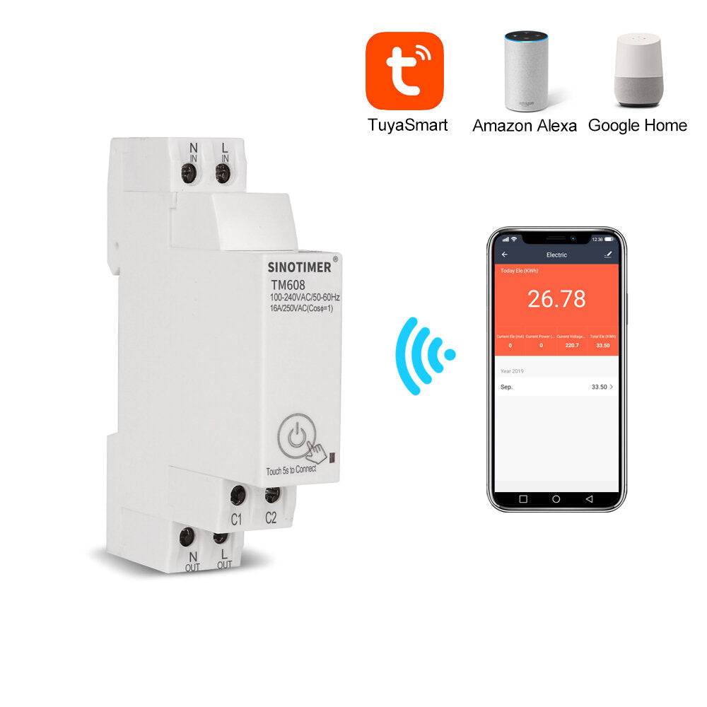 WiFi Smart Light Control Switch AC 110V 220V 16A 18mm Single Phase Digital Timer Remote with Energy Monitoring