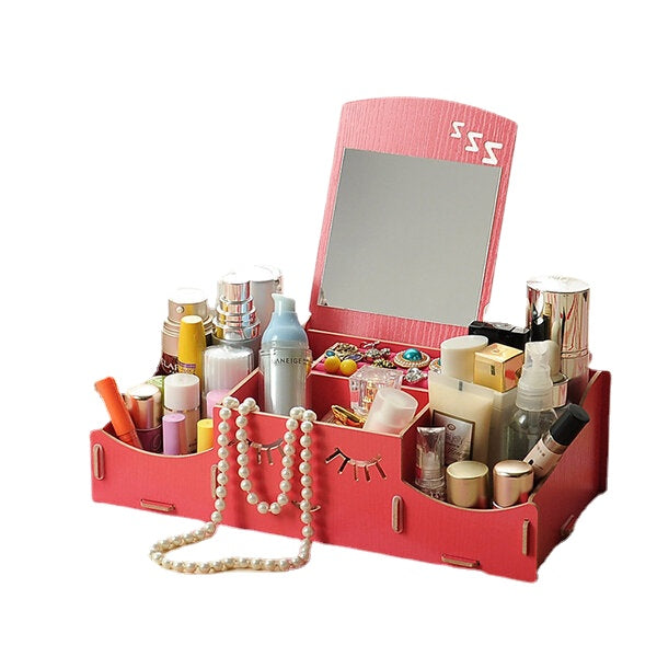 Creative Diy Wooden Cosmetic Storage Box Desktop Storage Container With Mirror Desktop Organizer