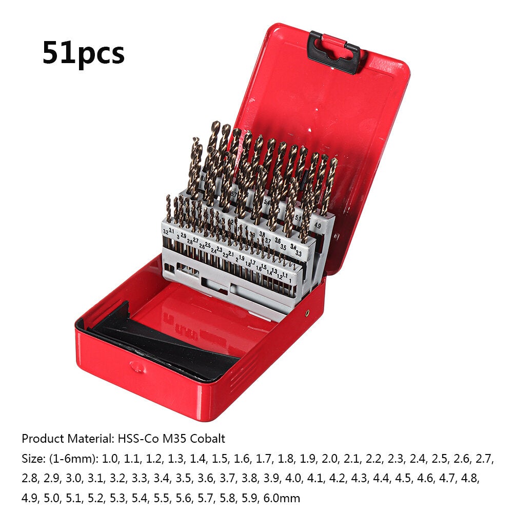 51Pcs 1-6mm M35 Cobalt Drill Bit Set HSS-Co Length Twist Drill Bits with Metal Case for Stainless Steel Wood Metal Drilling
