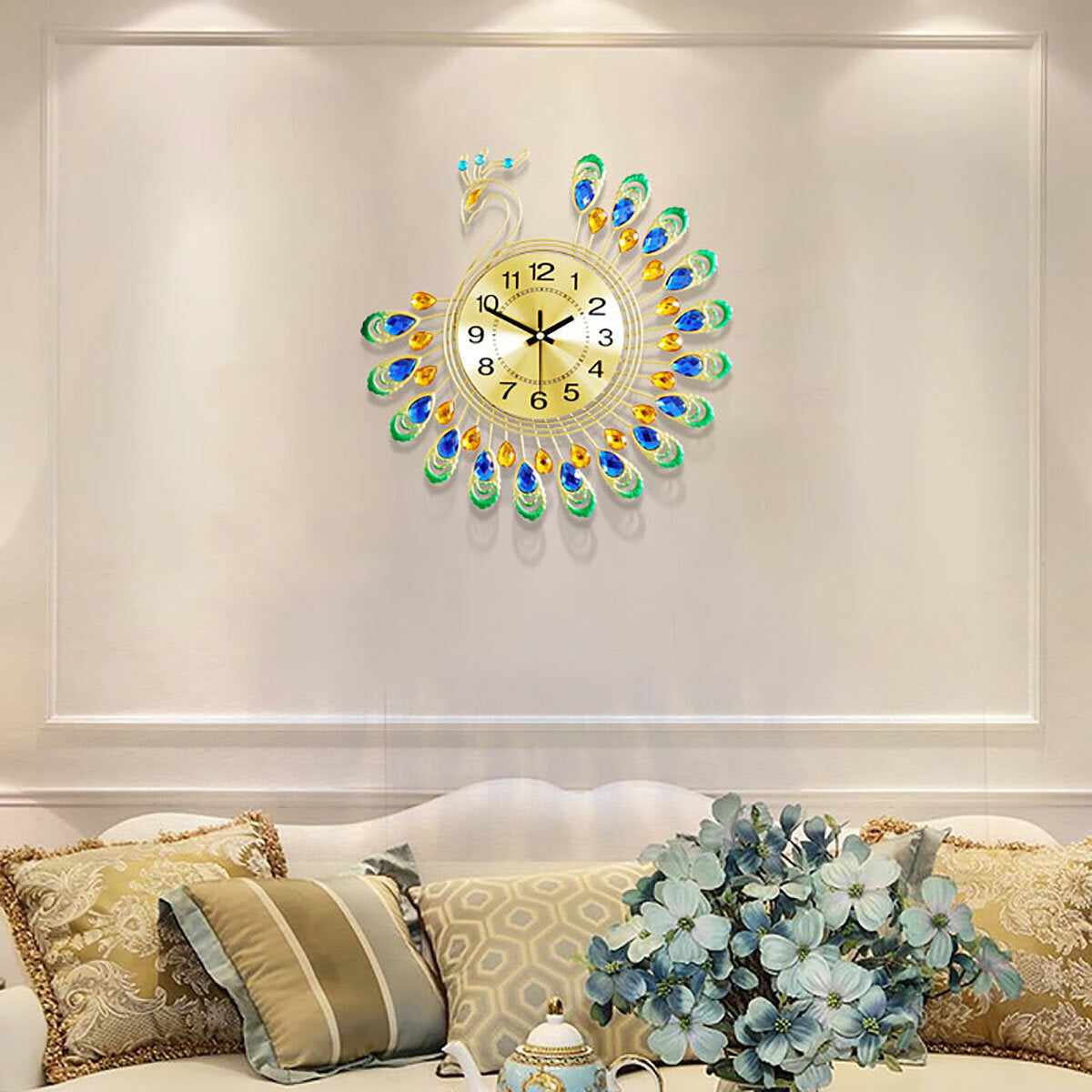 Peacock Wall Clock Metal Living Room Bedroom European Style Antique 38X38 cm