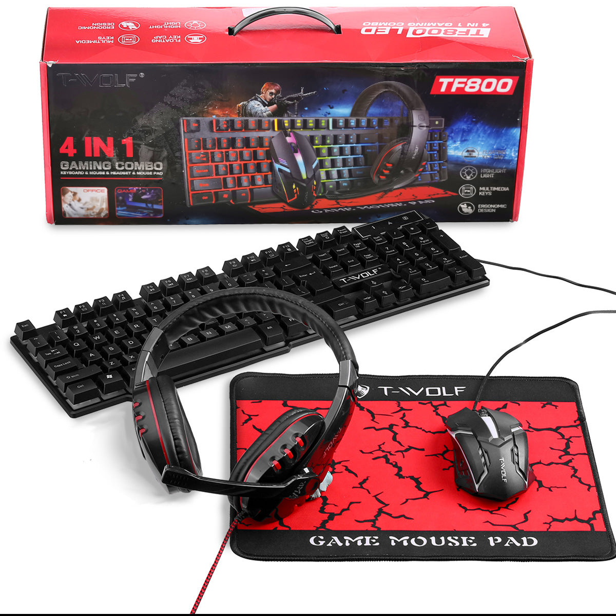4Pcs Gaming Devices Set 104 Keys LED Backlit Gaming Keyboard 1200DPI Mouse 3.5mm Wired 50mm Driver Headset Anti-slip Mouse Pad Combo