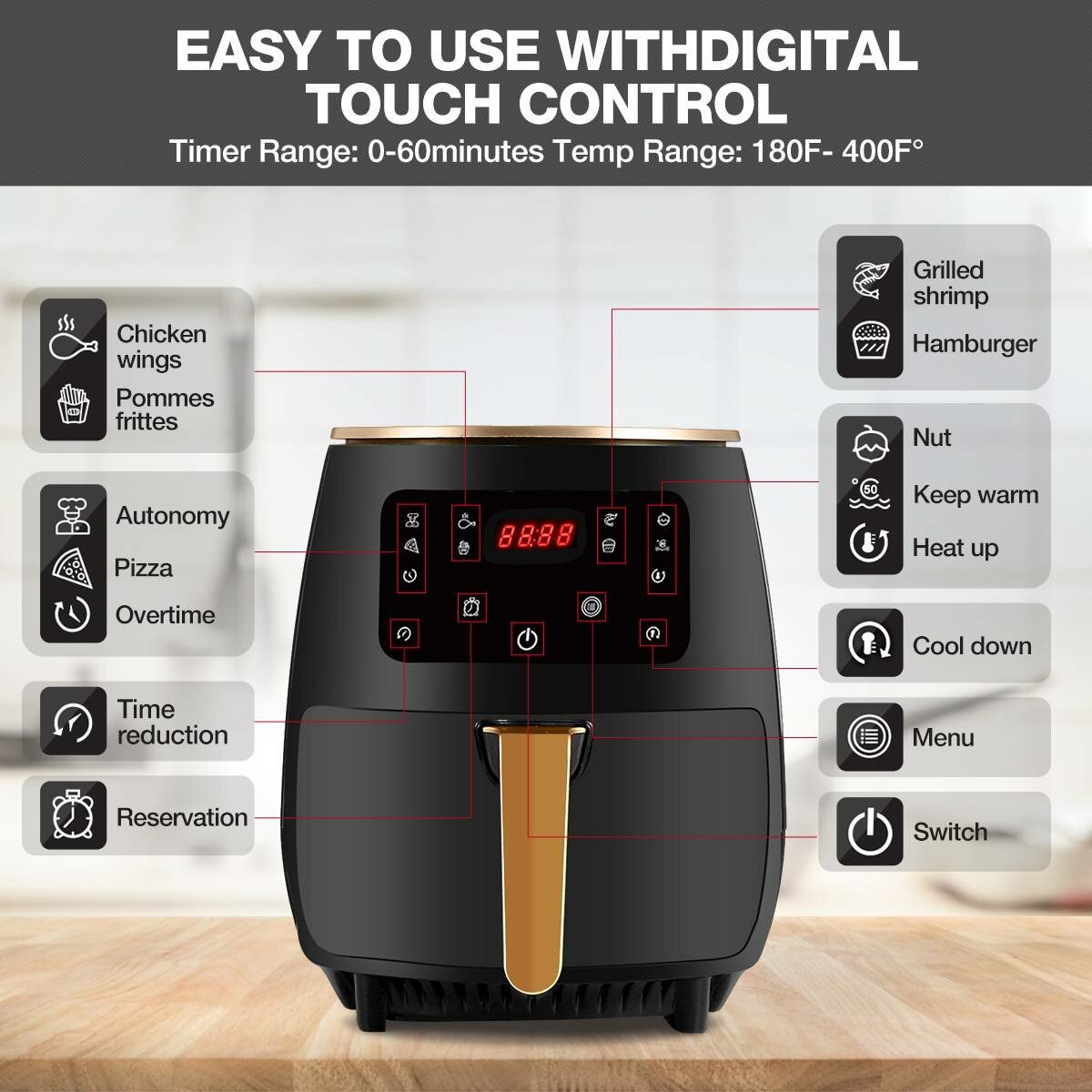 1800W 4.5L Air Fryer Oil free Health Fryer Cooker 110V/220V Multifunction Smart Touch LCD Airfryer French fries Pizza Fryer