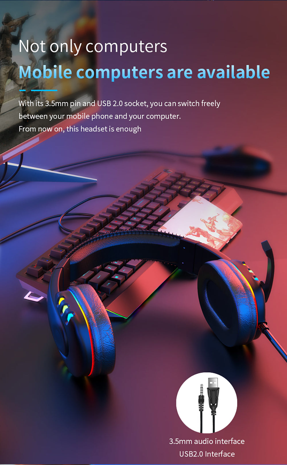 Gaming Headset 7.1Virtual Surround Sound 40mm Driver Unit Brilliant RGB LED Light Noise Reduction Mic for PS3/4 PC Laptop