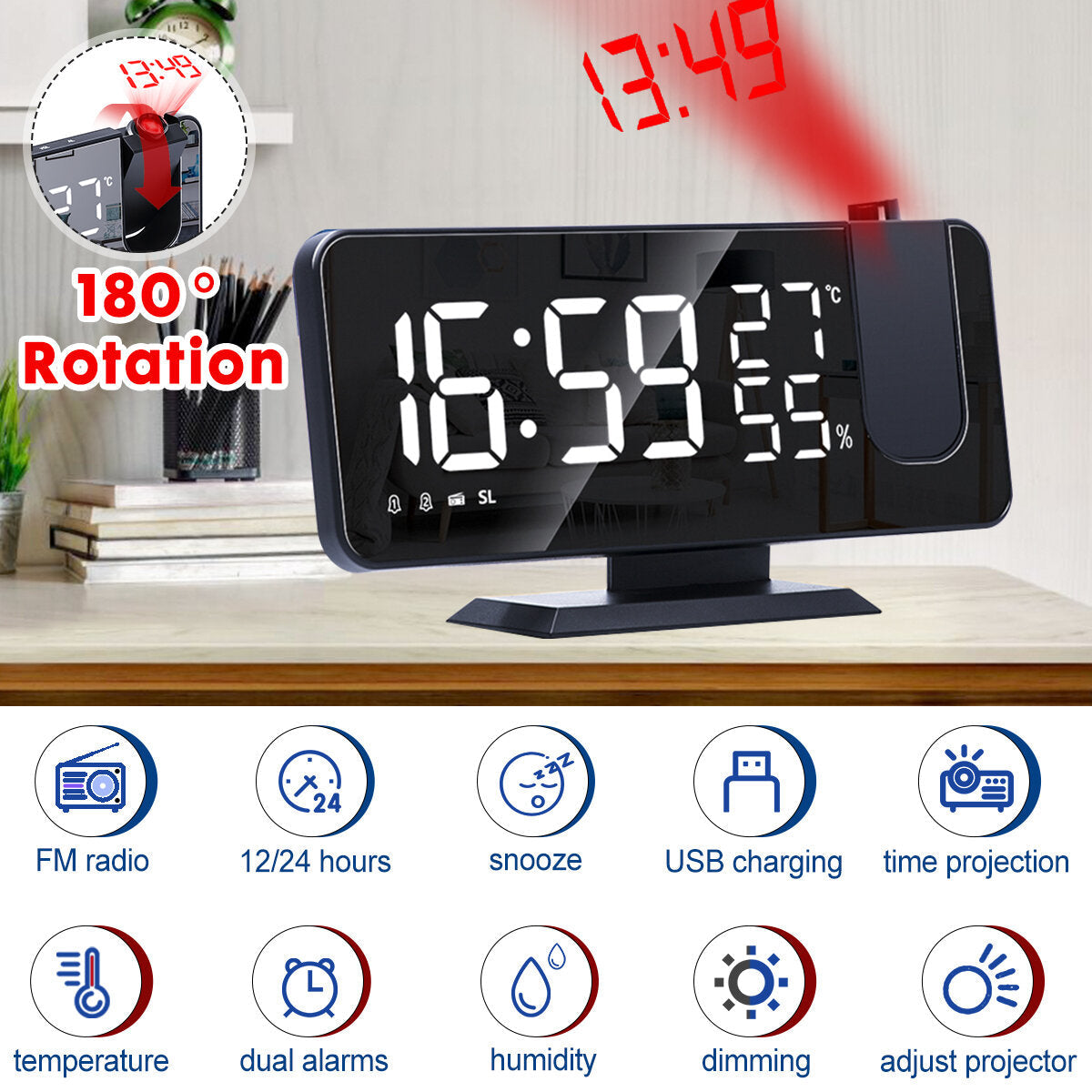 LED Digital Alarm Clock FM Radio HD Time Projection Mirror Clocks Snooze Function Temperature Humidity Display Electronic Clock Time Clock