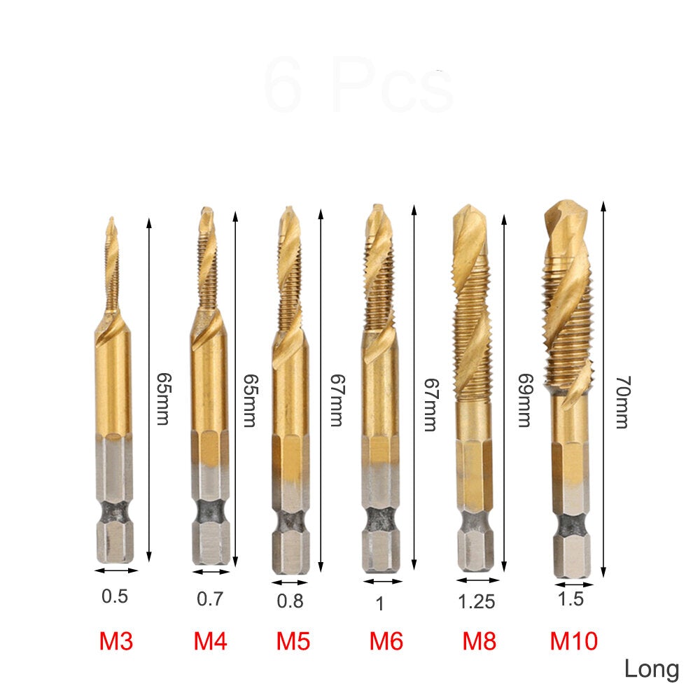 6Pcs 1/4 Inch M3-M10 Screw Tap HSS Combination Drill Tap Bit Set Hex Shank Deburr Countersink Bits