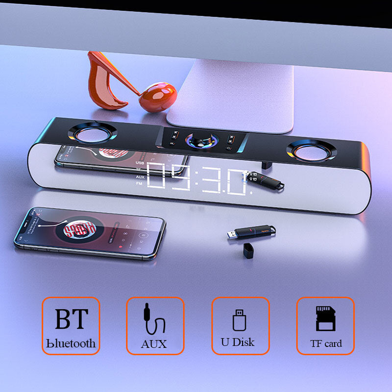 Bluetooth 5.0 Speaker Stereo Subwoofer Bass Four-Units Noise Reduction FM Radio TF Card AUX-In Alarm Clock 1500mAh LED Mirror Display Soundbar