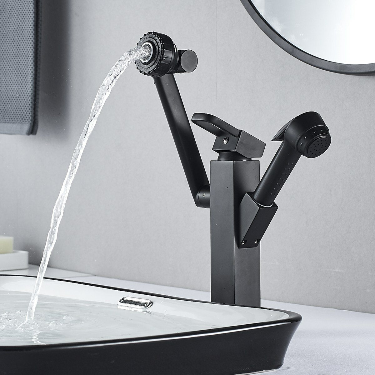 Bathroom Faucet Pull-Out Sink Adjustable and Rotatable with Sprayer Two Flow Modes Modern Lavatory Basin